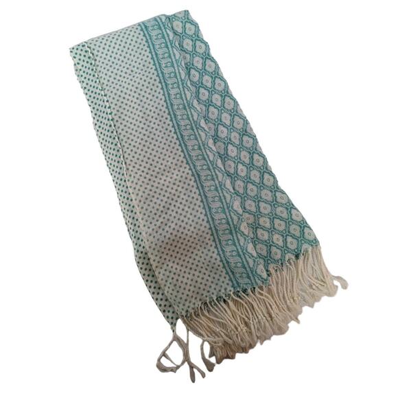 Blue Scarf Shawl Wrap Blue & White Batik Dot Print Fringe - Picture 3 of 4